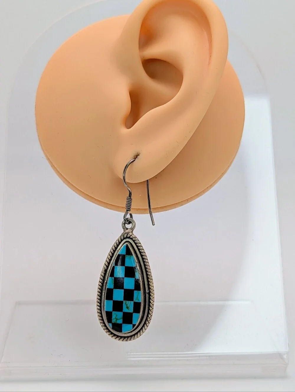 Turquoise & Black Onyx S925 Sterling Silver Matte Checkered Dangle Earrings